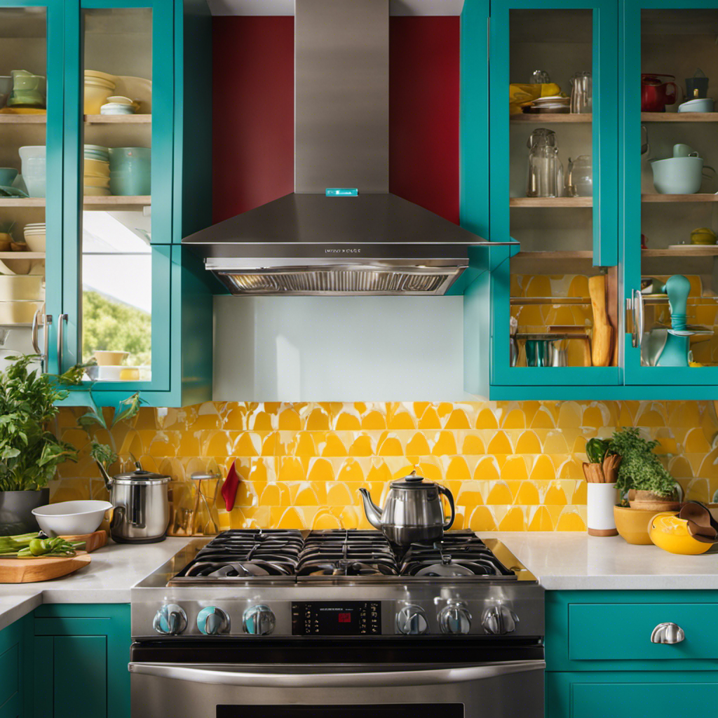 An image showcasing a vibrant kitchen with bold color choices: a cherry-red backsplash contrasting against sleek turquoise cabinetry, adorned with pops of sunny yellow accessories and a lively mosaic tile floor