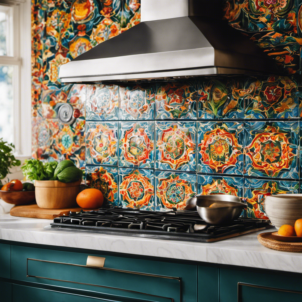 An image showcasing a kitchen with a vibrant, hand-painted tile backsplash featuring intricate motifs and bold colors