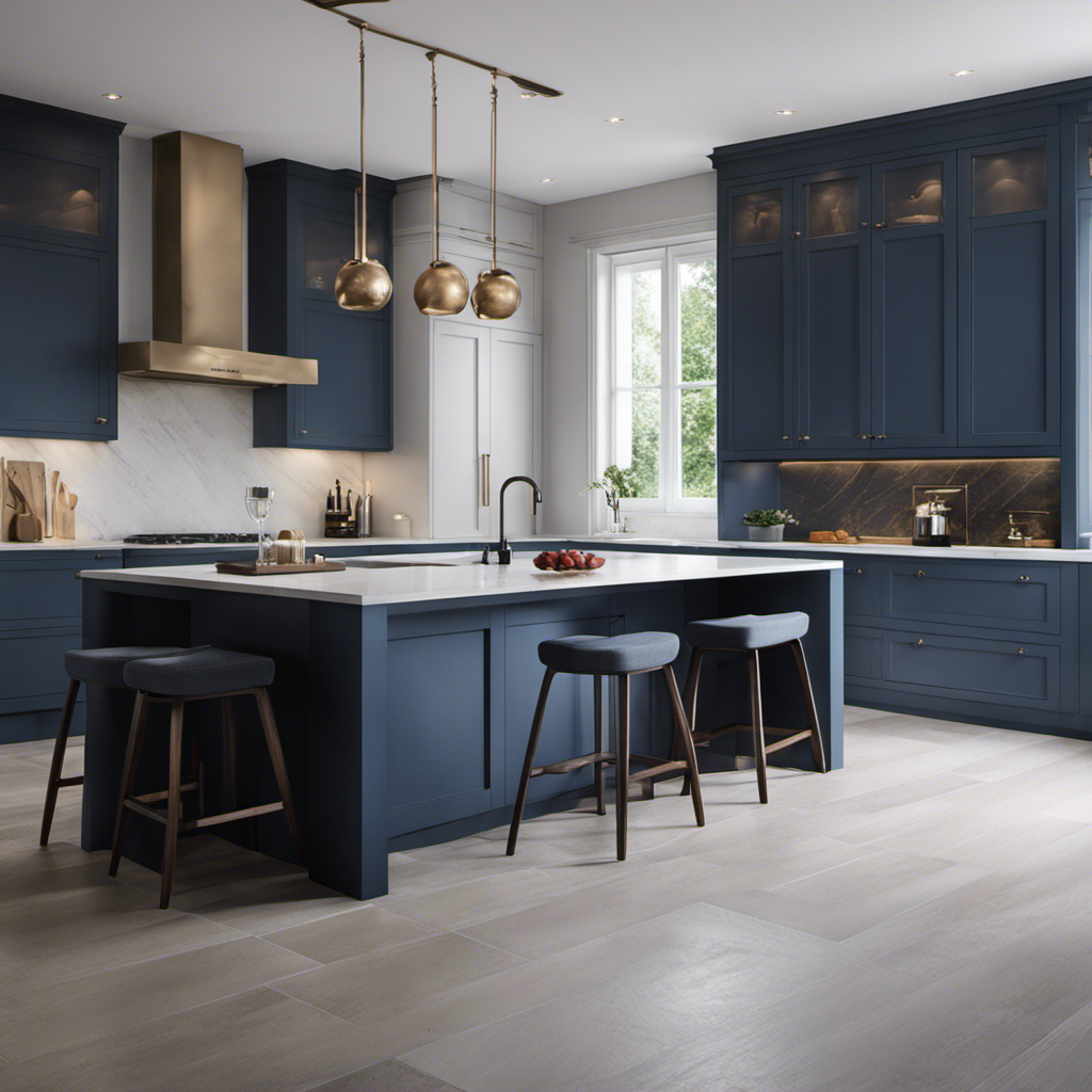 An image showcasing a modern kitchen with sleek, hand-painted cabinets in muted shades of blue and white