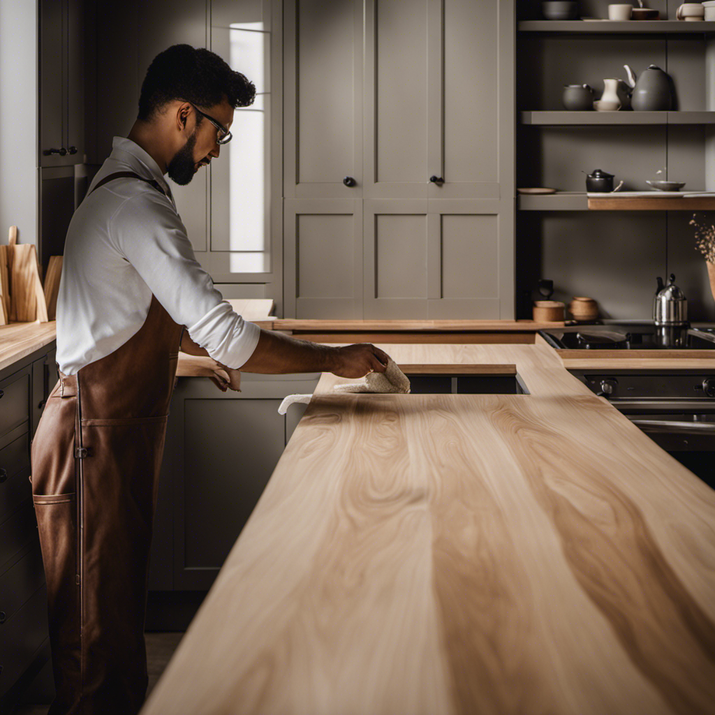 An image showcasing the meticulous process of surface preparation in kitchen cabinet design