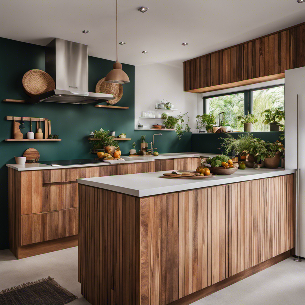 An image capturing the essence of a hand-painted kitchen, showcasing sustainable choices with eco-friendly materials