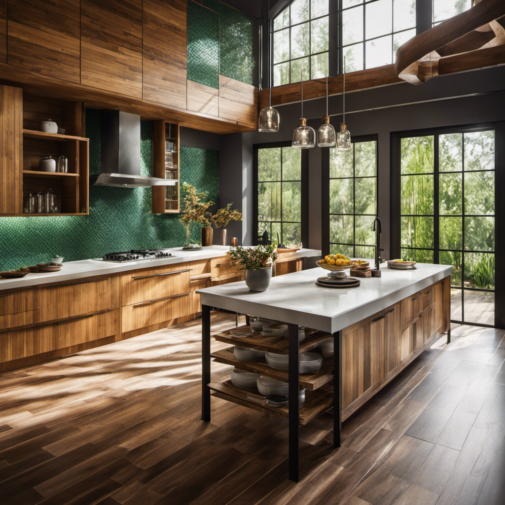 An image depicting a modern kitchen with recycled glass tiles on the floor, bamboo cabinets, and a countertop made from reclaimed wood
