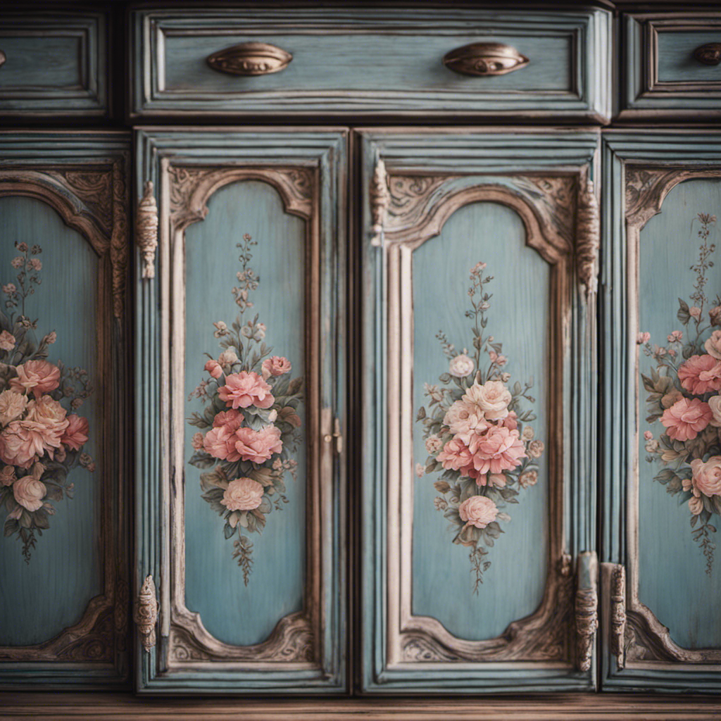 An image showcasing a skilled artisan meticulously hand-painting intricate floral patterns onto weathered, vintage-style kitchen cabinets