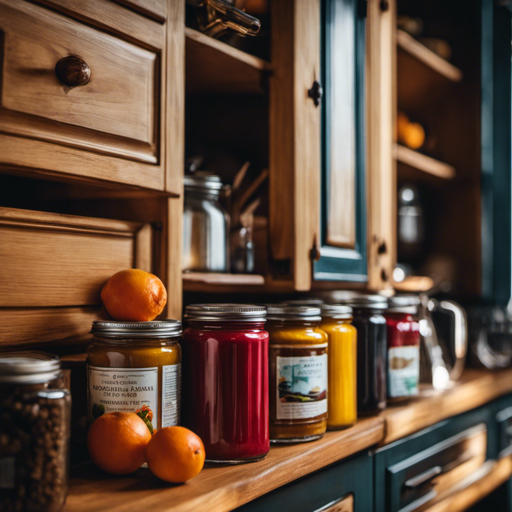 An image showcasing the art of kitchen cupboard painting: a skilled artist delicately layering vibrant hues, blending shadows and highlights, adding depth to the wooden surface, and transforming it into a masterpiece