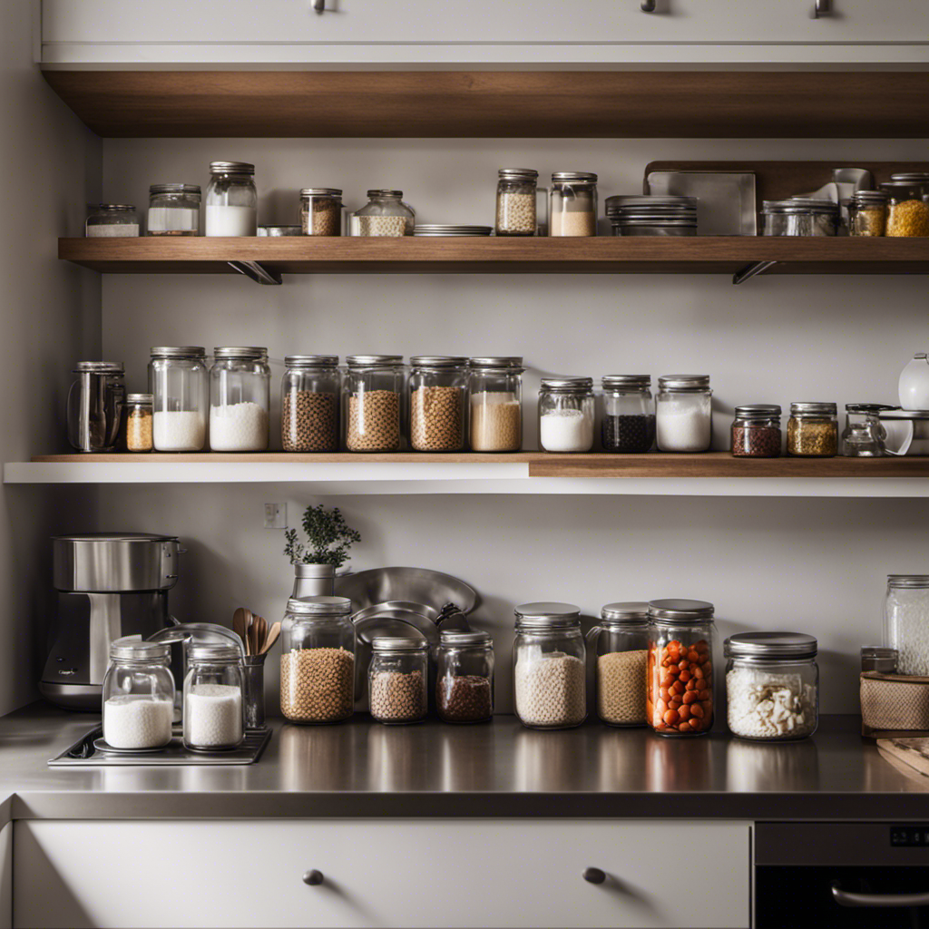 An image showcasing a pristine, clutter-free kitchen with clear countertops, sleek stainless steel appliances neatly arranged, minimalistic open shelving displaying perfectly aligned dishes, and minimalist glass jars holding neatly labeled pantry essentials