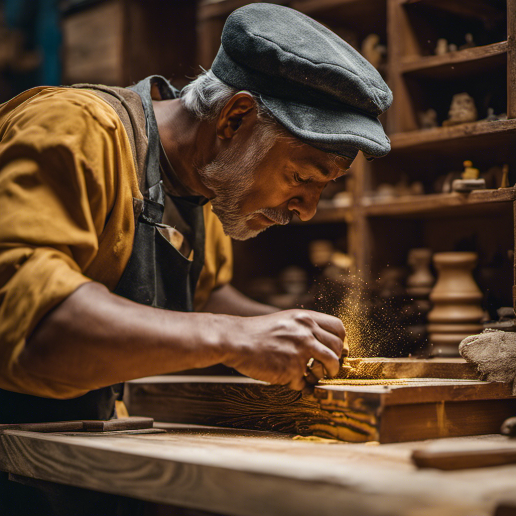  an image of a skilled artisan delicately sanding a worn wooden cabinet, uncovering its intricate carved details