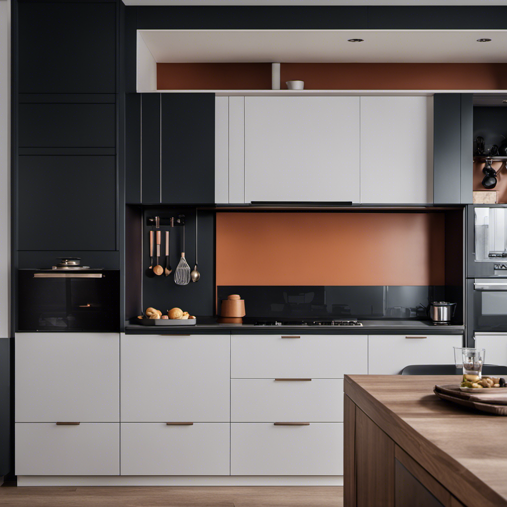 An image showcasing a modern kitchen with hand-painted cupboards in a striking two-tone palette