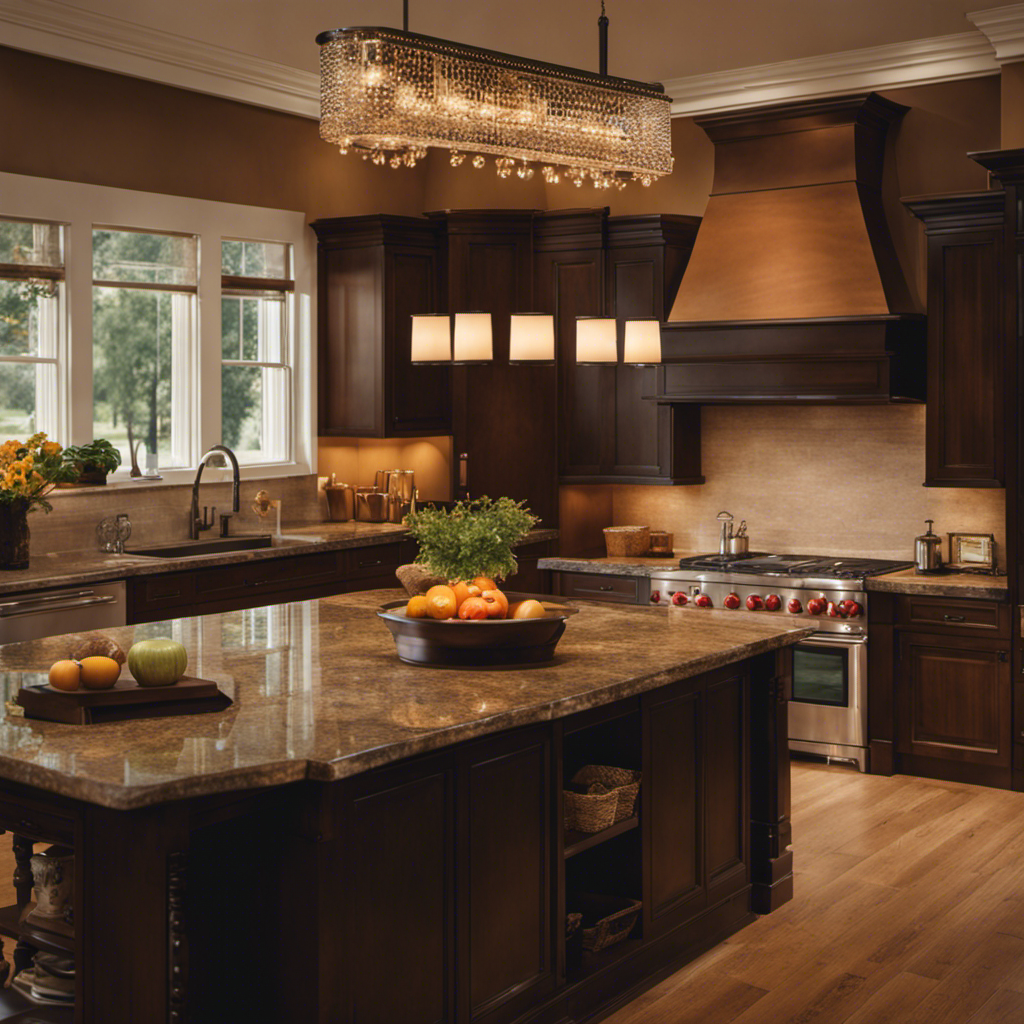 the essence of the heart of the home with an image showcasing a beautifully crafted, spacious kitchen island adorned with sleek countertops, ornate pendant lighting, and a backdrop of warm, inviting colors