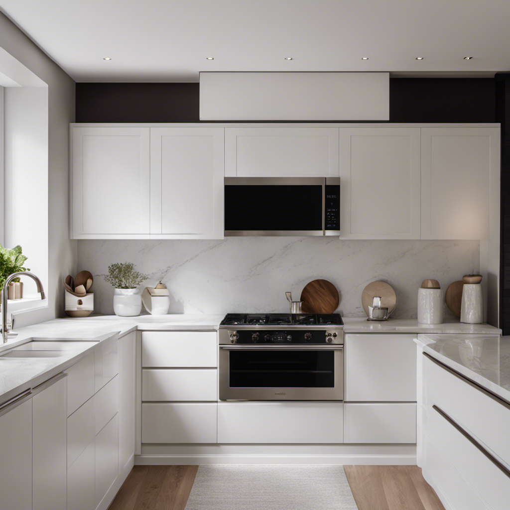 An image of a sleek and contemporary kitchen, bathed in natural light, showcasing pristine white cabinets that exude elegance and sophistication