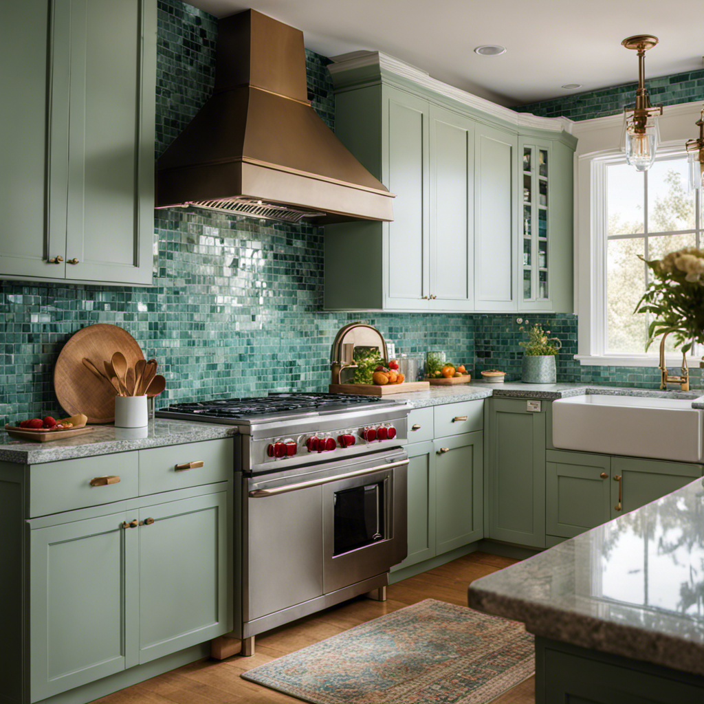 An image showcasing a pristine, sunlit kitchen with freshly painted cabinets in a soothing shade of seafoam green