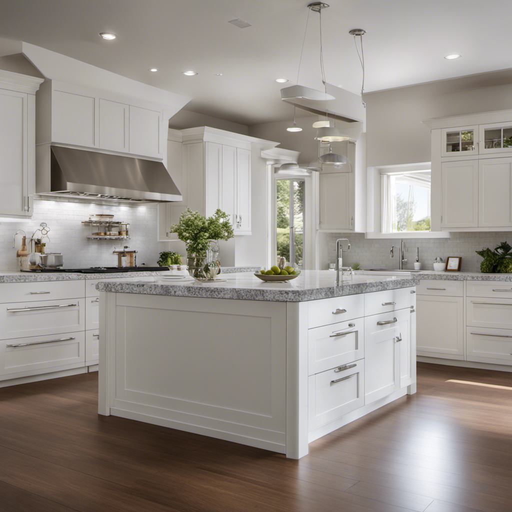 An image showcasing a spacious, modern kitchen with sleek, white cabinets featuring brushed nickel hardware