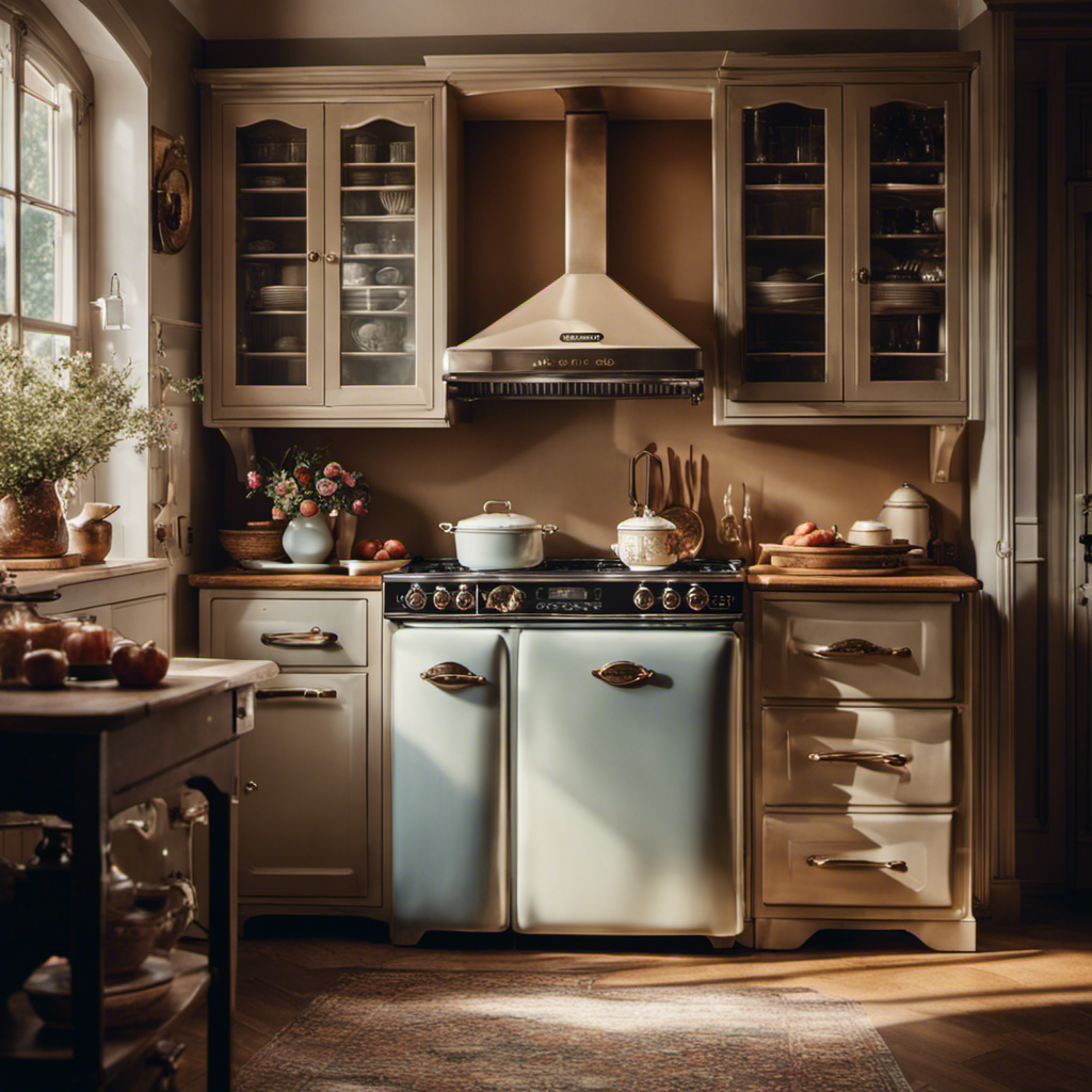 An image capturing the essence of timeless charm in a vintage-inspired kitchen: A sunlit space adorned with ornate porcelain dishes, antique silverware, and a retro SMEG refrigerator exuding warmth and nostalgia