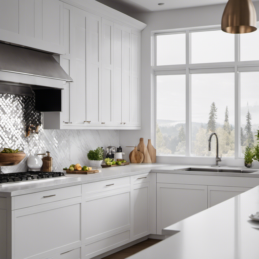 An image showcasing a pristine white kitchen with sleek, minimalist lines