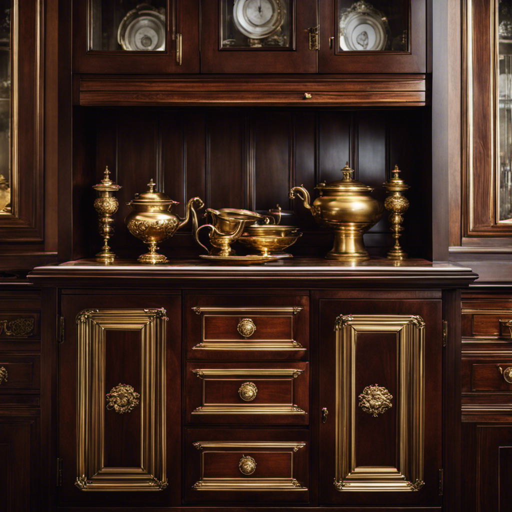 An image showcasing a beautifully preserved vintage kitchen cabinet, featuring ornate brass handles, rich mahogany finish, and intricate glass paneling, evoking a timeless elegance that transports you to a bygone era