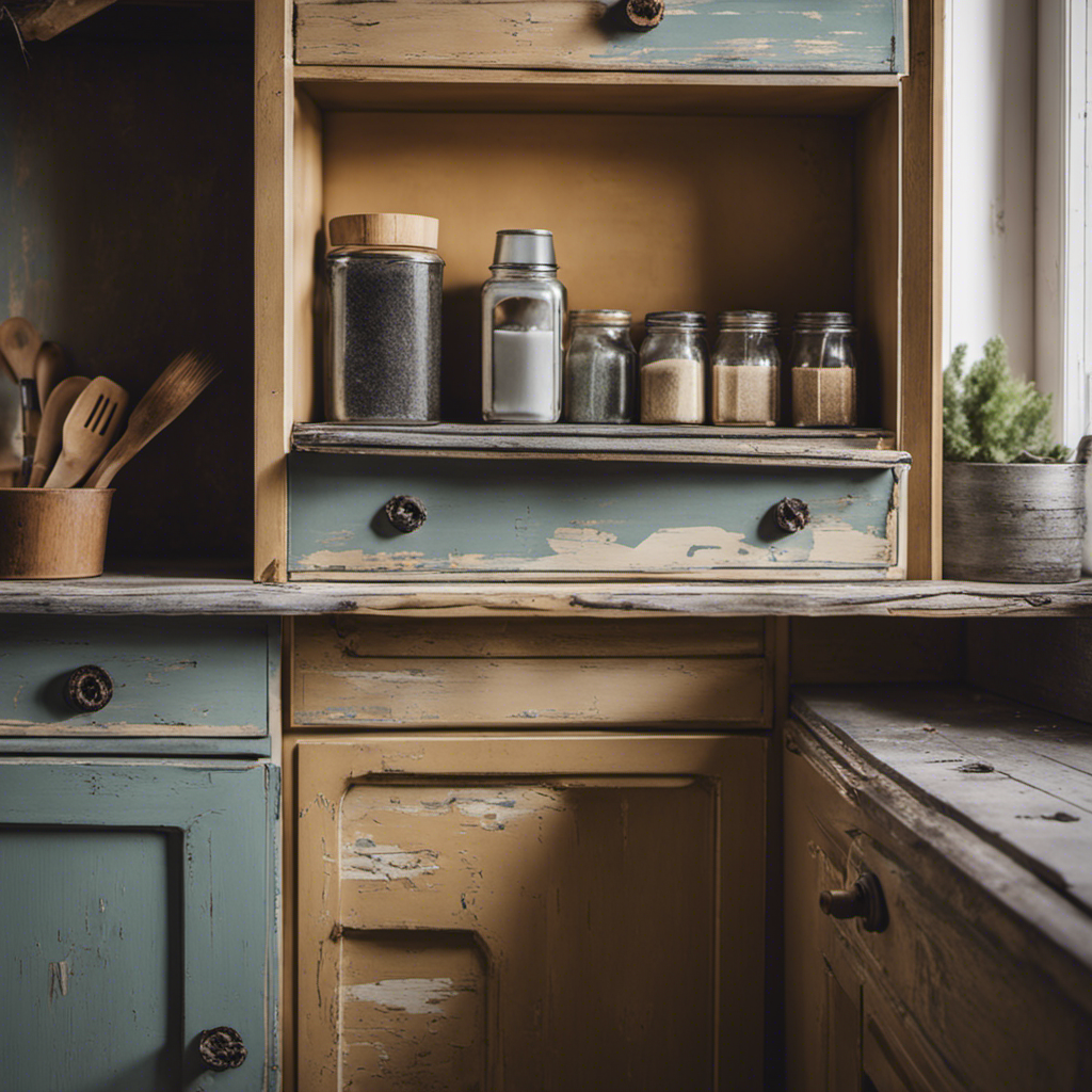 An image featuring a kitchen cupboard with peeling paint, showcasing various design considerations for timelines