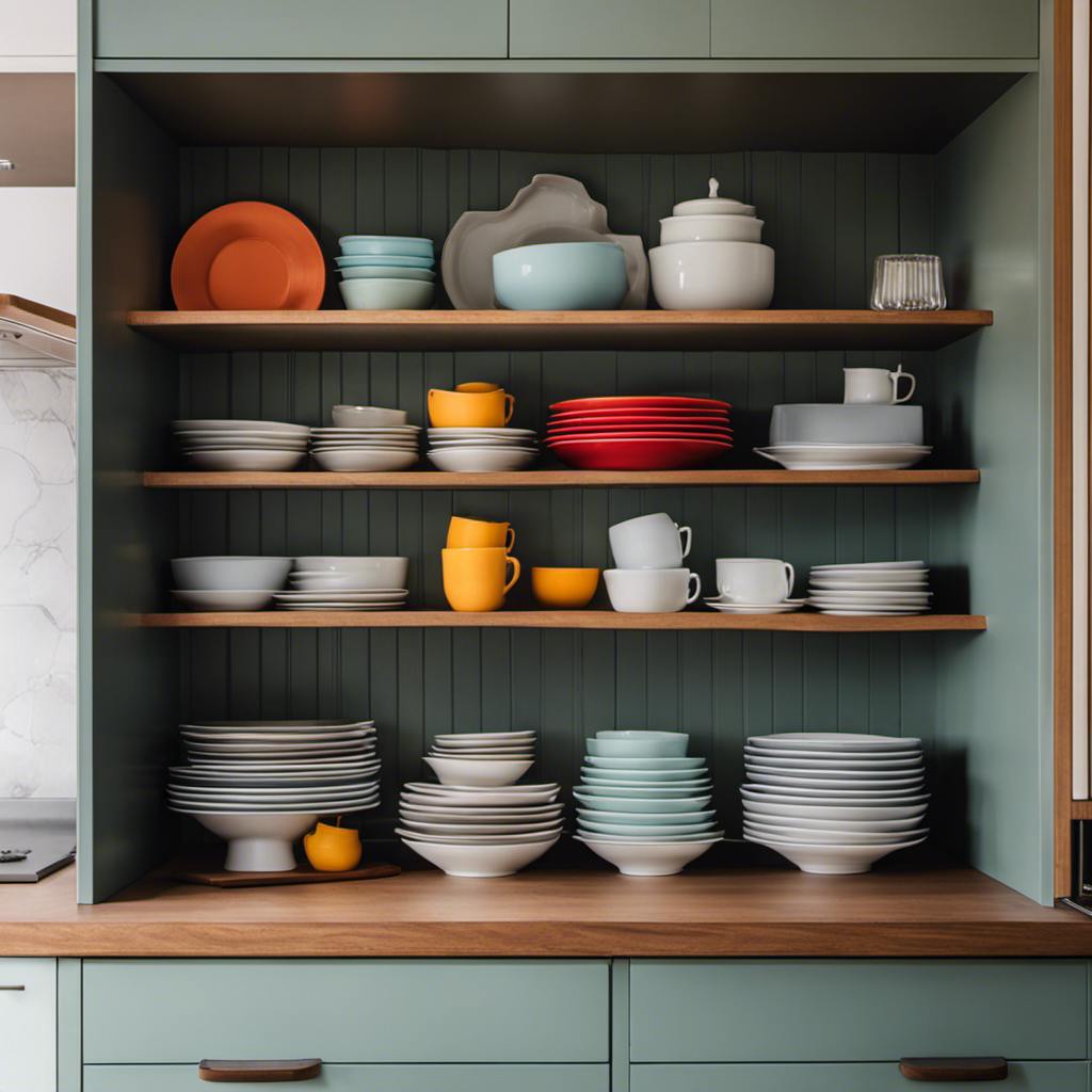 An image featuring a neatly organized kitchen cupboard interior, with freshly painted shelves and a pop of contrasting color on the back wall