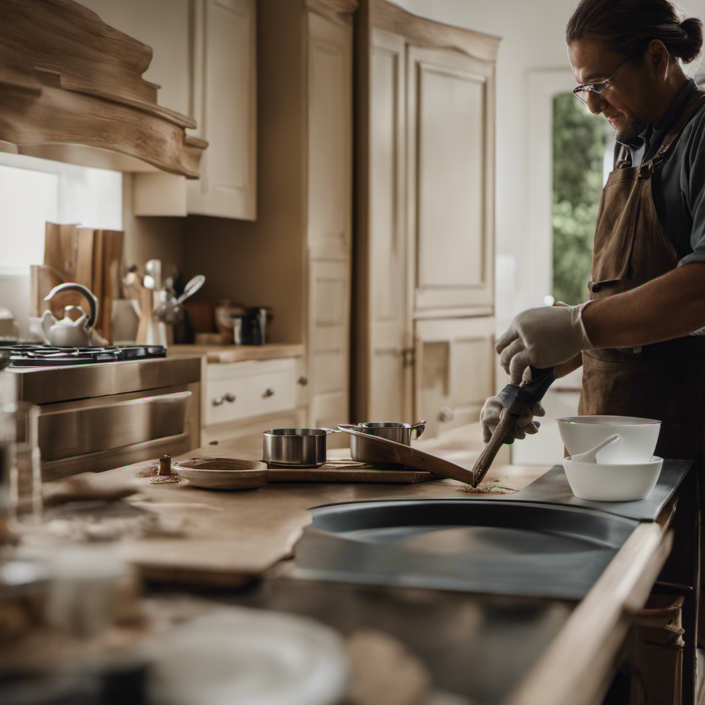 An image showcasing a skilled kitchen cupboard painter in action, meticulously prepping surfaces, applying flawless brushstrokes, and transforming a worn-out cupboard into a stunning centerpiece