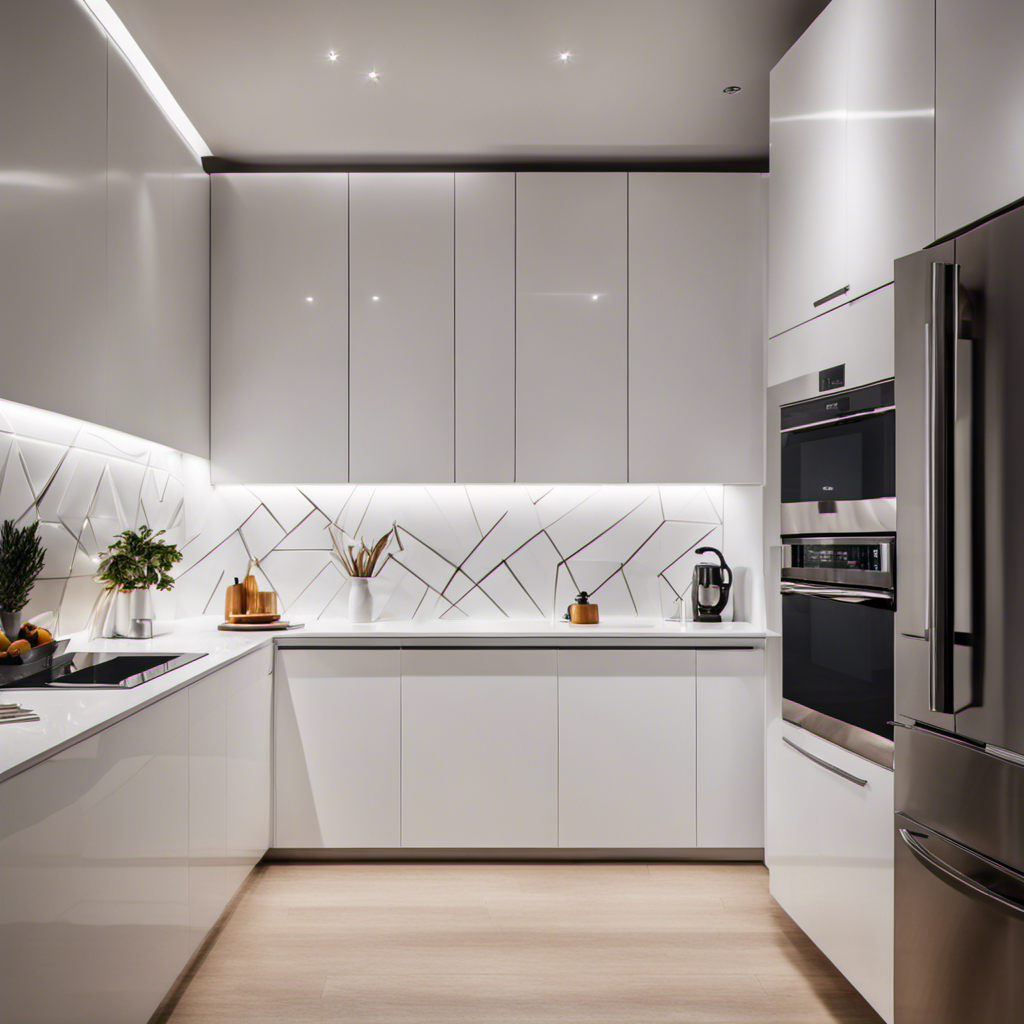 An image showcasing a sleek, minimalist kitchen with glossy white cabinets, quartz countertops, and a statement-making geometric backsplash