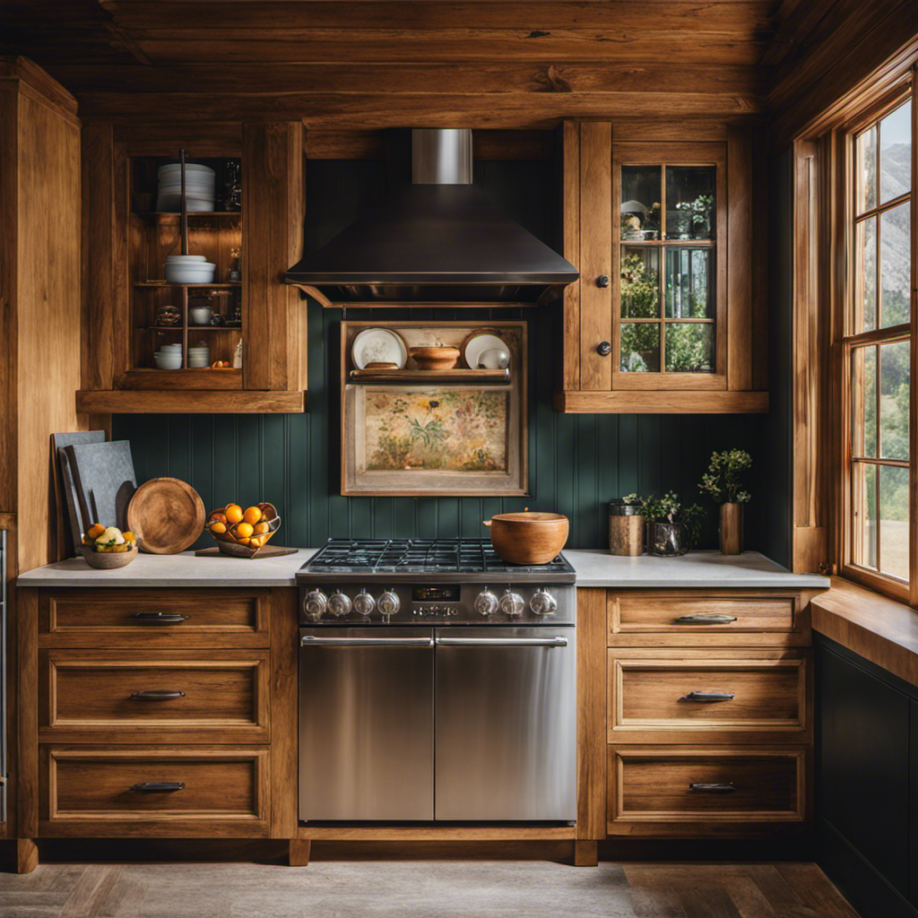 An image showcasing the astonishing metamorphosis of a weathered oak and pine kitchen as hand-painted cabinets breathe new life into the space