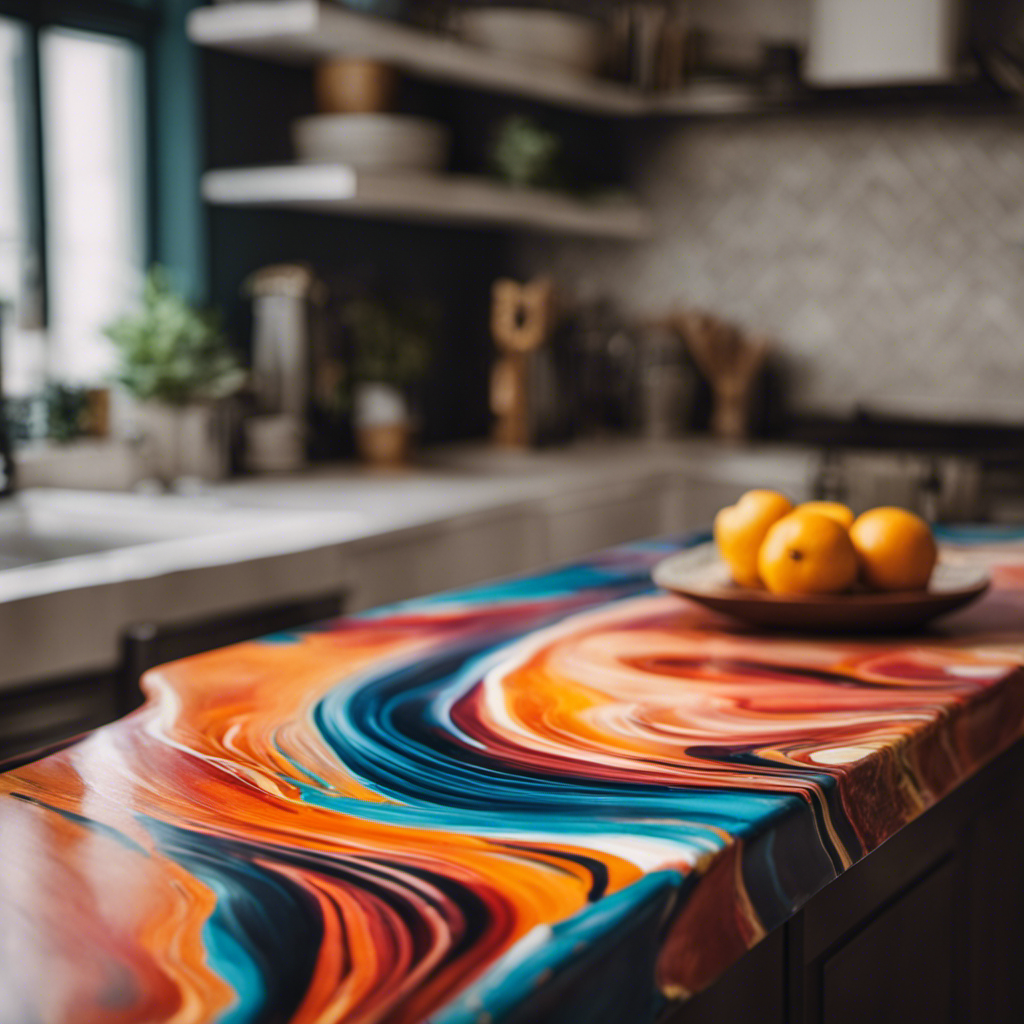 An image showcasing a vibrant, hand-painted countertop transformation