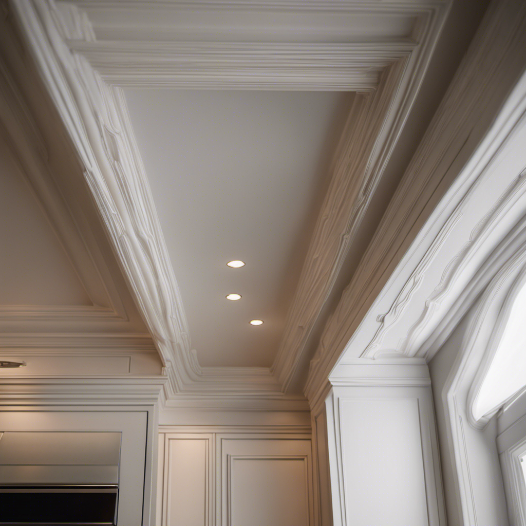 An image showcasing a close-up of intricate crown molding gracefully adorning the ceilings of a sleek, modern kitchen, perfectly complementing the elegant trim work framing the cabinetry and enhancing the overall design aesthetic