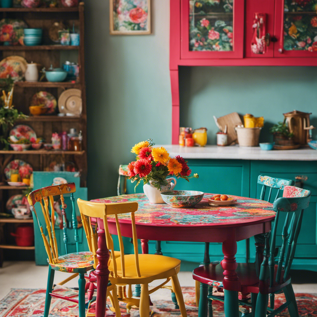 An image showcasing a vibrant, hand-painted kitchen with upcycled furniture