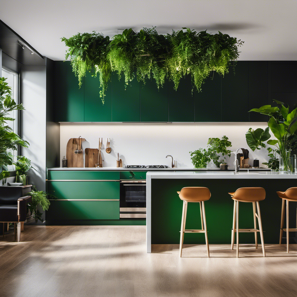 An image showcasing a sleek, modern kitchen adorned with lush, hanging plants