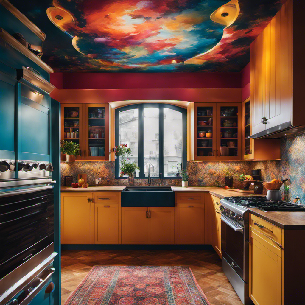 An image showcasing a kitchen with beautifully hand-painted walls and ceilings