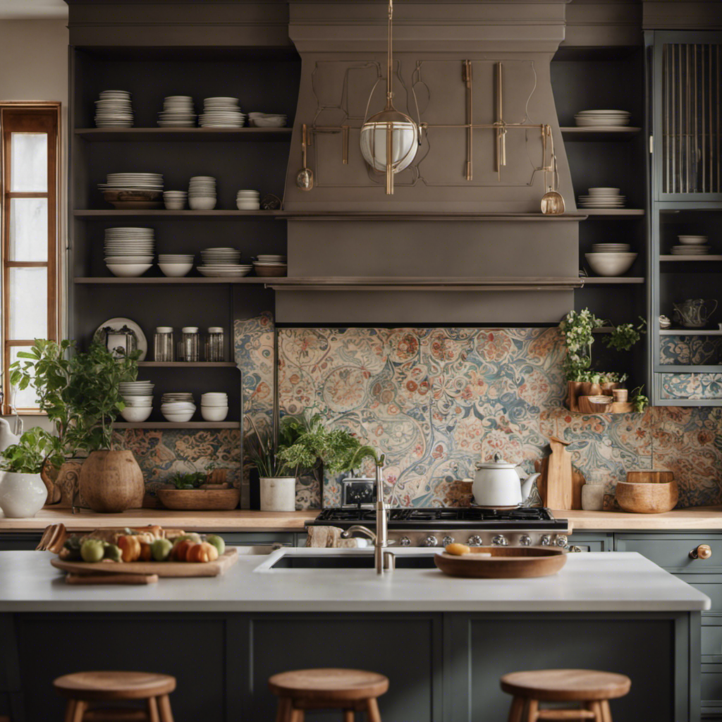 An image that showcases a serene kitchen with hand-painted cabinets, exuding a harmonious blend of colors and patterns