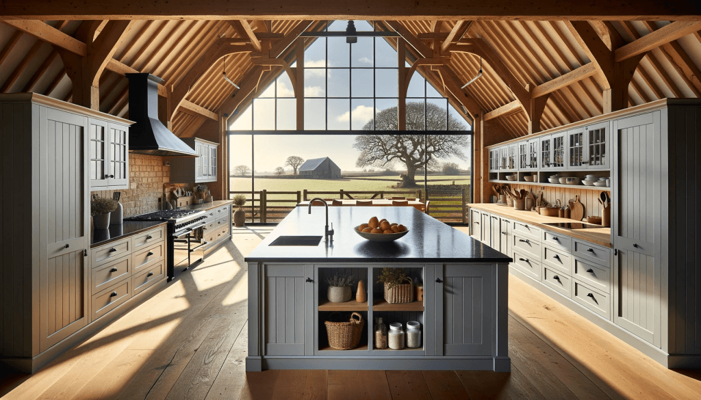shot-of-a-barn-turned-into-a-modern-home.-The-kitchen-is-designed-in-a-shaker-style-with-units-painted-in-a-blue-grey-by-Farrow-and-Ball