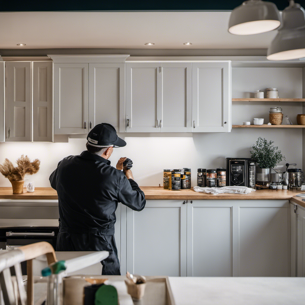 An image showcasing a professional painter expertly applying a smooth coat of high-quality paint to a kitchen cupboard, capturing the meticulous attention to detail and precision that defines the best cabinet painting services in the Scarborough area