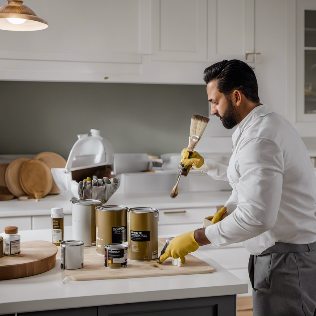 An image showcasing a professional painter expertly applying a smooth coat of high-quality paint to a kitchen cupboard, capturing the meticulous attention to detail and precision that defines the best cabinet painting services in the Scarborough area