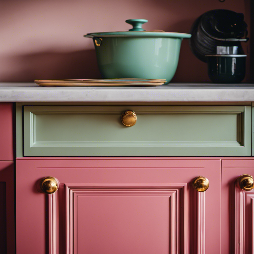 Ly painted kitchen cupboard in a bold, bright Farrow & Ball colour, with a contrasting handle, glinting in the light