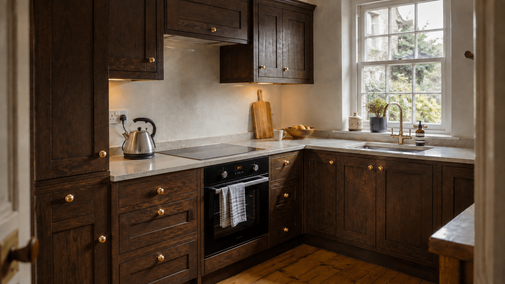 Dark timber kitchen cupboards before professional repainting