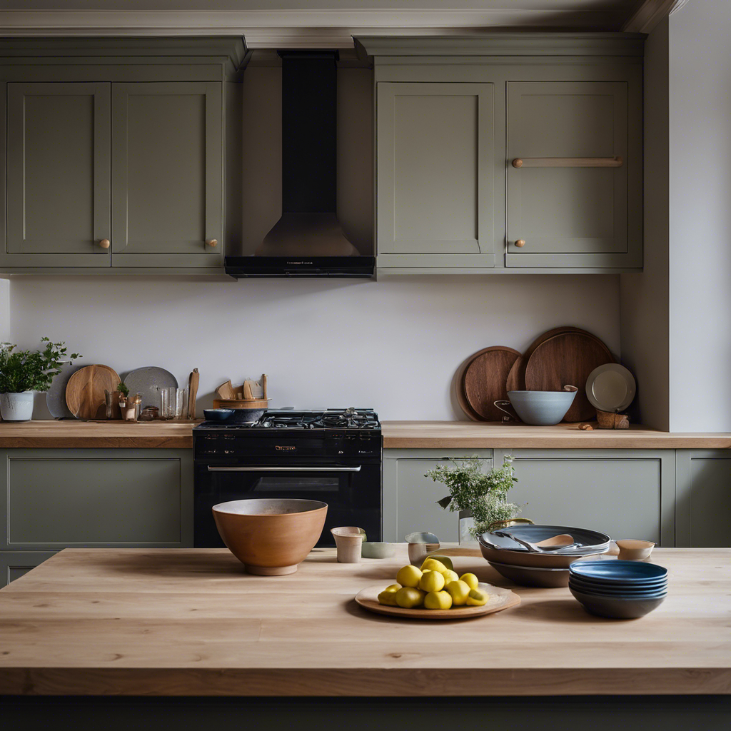 An image showcasing a skilled Kitchen Cabinet Painter in Harrogate meticulously sanding and priming kitchen cabinets, carefully applying layers of premium paint, and flawlessly transforming a worn-out kitchen into a vibrant, modern space