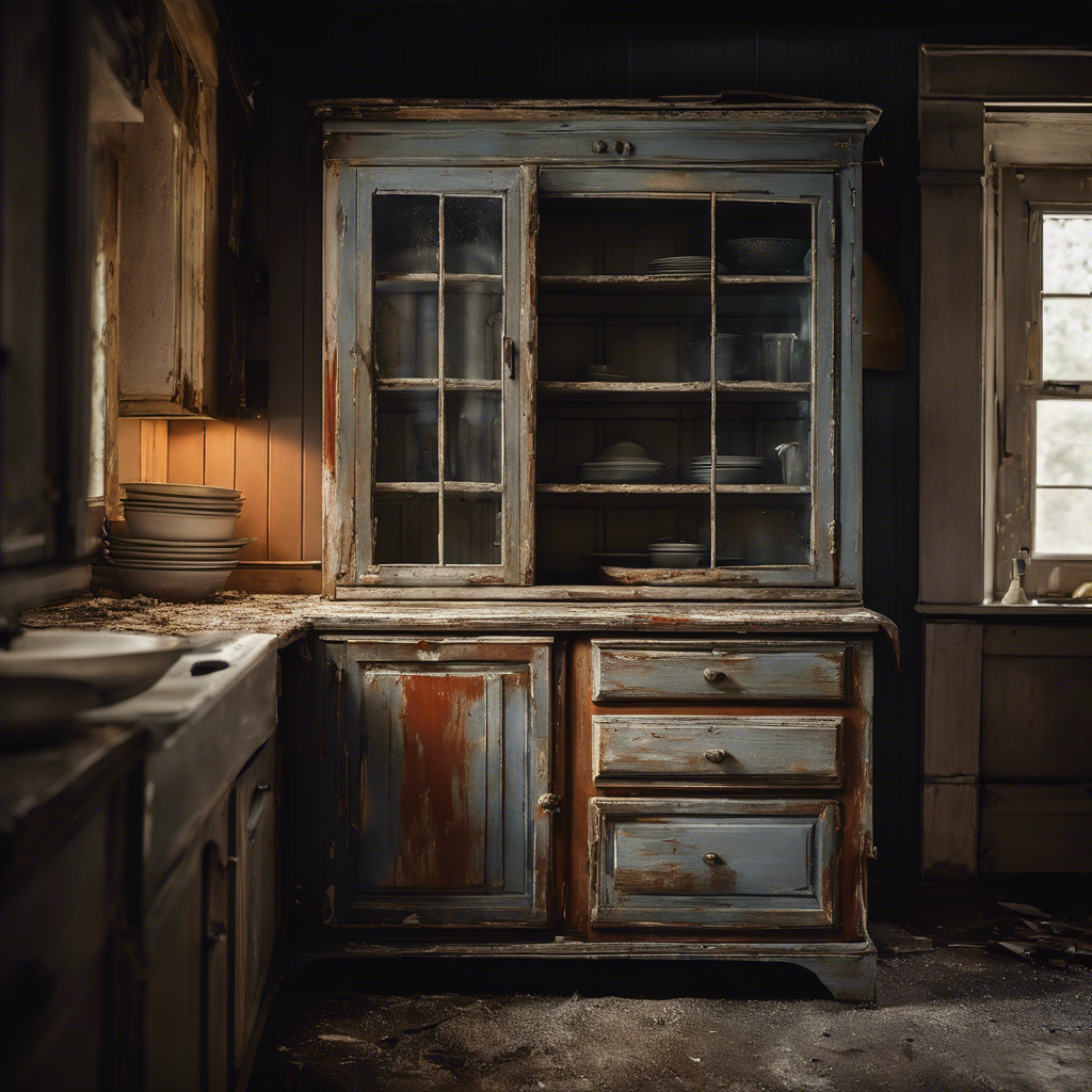 An evocative image showcasing a worn-out and faded kitchen cabinet in desperate need of a makeover