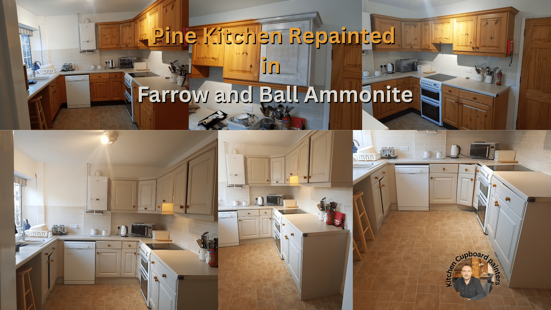 Before and After Pine Kitchen Re-painted in Farrow and Ball Ammonite