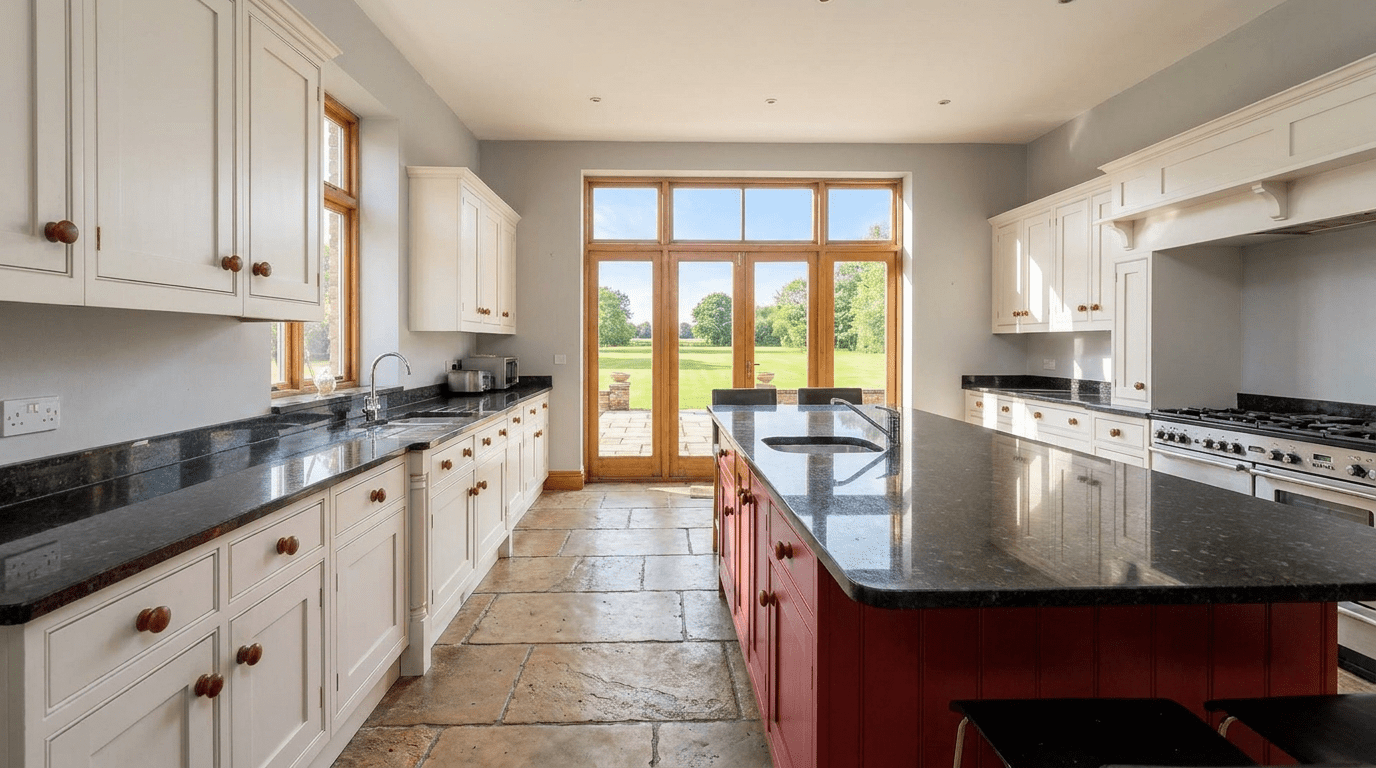 The same kitchen after professional hand repainting in a light neutral and deep red colour scheme