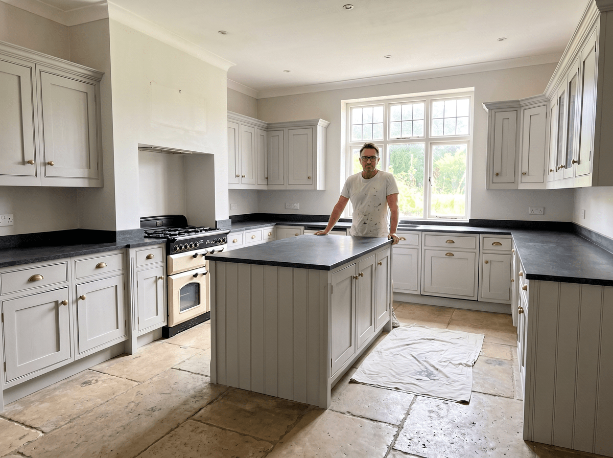 The same kitchen after the cupboards were hand-finished in a colour matched to Farrow and Ball Parma Grey