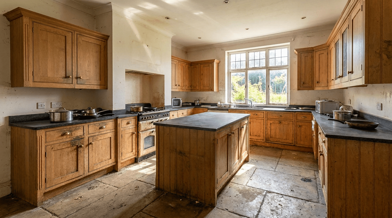 Oak kitchen cupboards before professional repainting