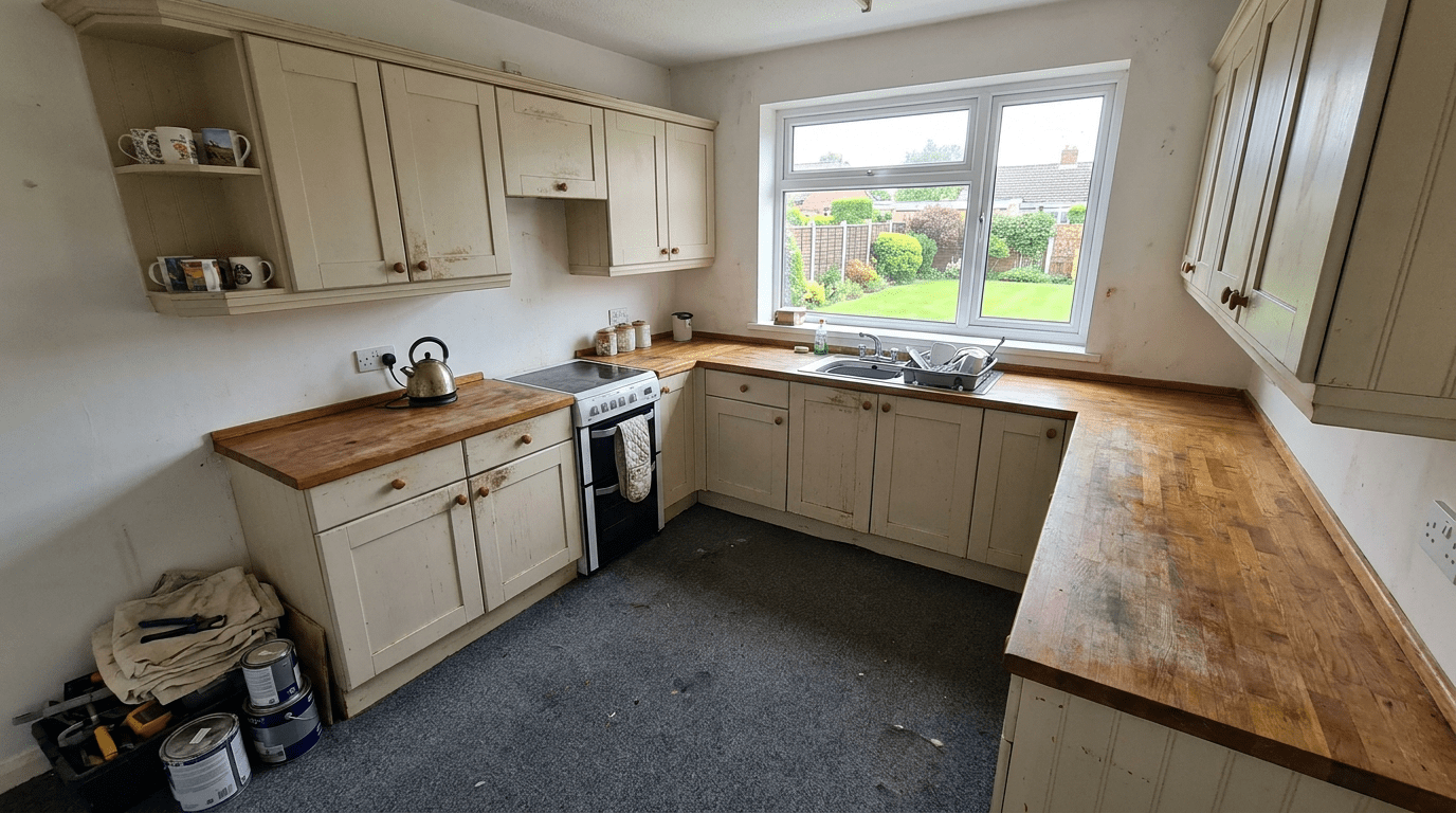 Existing kitchen cupboards before professional repainting