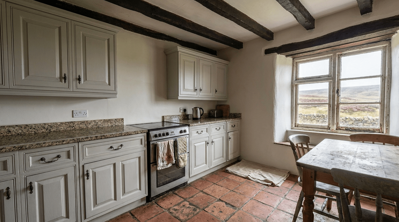 The same kitchen after professional hand repainting in a colour matched to Farrow and Ball Cromarty