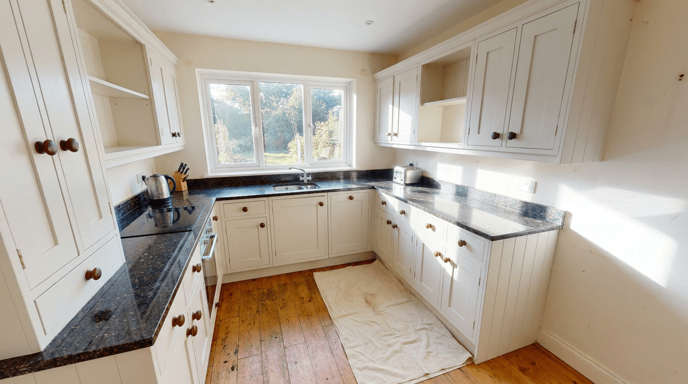 The same kitchen after professional repainting in a warm off-white colour matched to Farrow and Ball White Tie