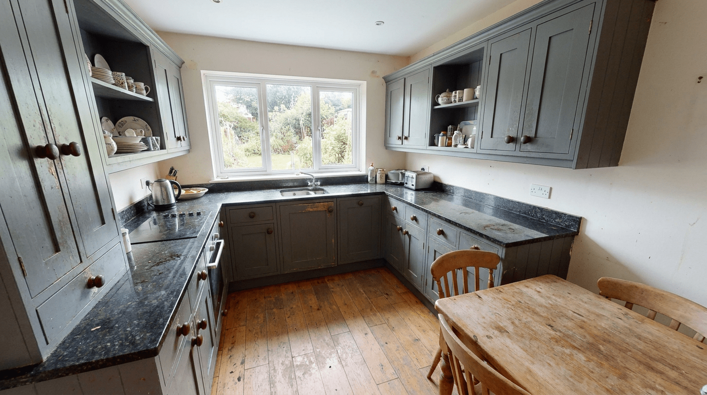 Dark grey painted kitchen cupboards before professional repainting